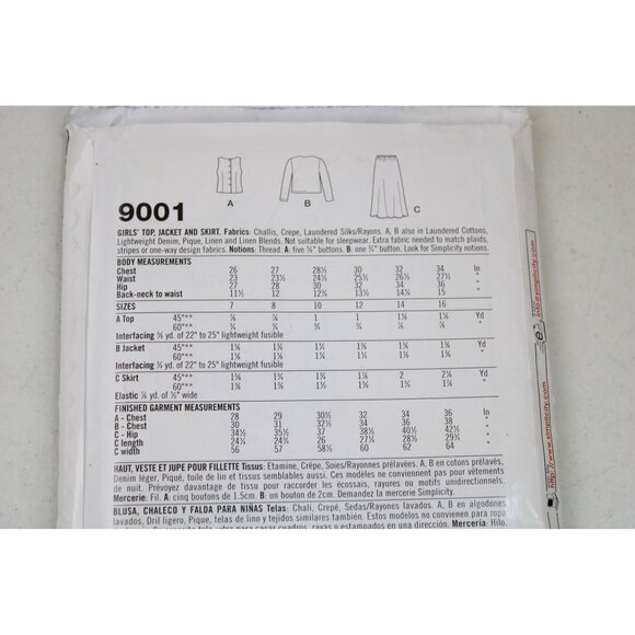 UNCUT Simplicity 9001 Pattern Girls Top Skirt Jacket SZ 7-16 93602 Vintage - Picture 5 of 5
